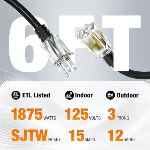 12/3 Gauge Outdoor Extension Cord 6 FT Heavy Duty Waterproof Black(2Pack) - Image 2