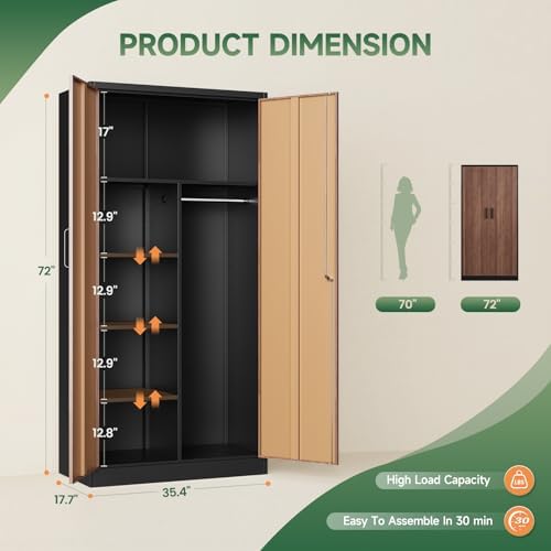 Letaya Metal Storage Cabinets,72'' Employee Lockers Steel Wardrobe with Lock Door for Office,Home,School,Gym,Fire Department,Hotel(Wood Grain Color) - Image 3