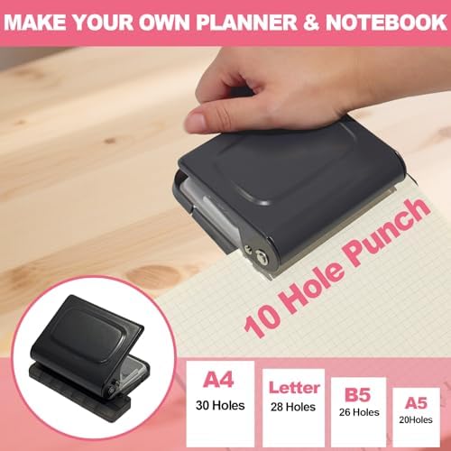 10 Hole Punch Binding Machine for Planner, Manual Binding System with 10 Multi-Color Binder Rings for Making 26 Holes on B5, 30 Holes on A4, 20 Holes on A5 Book, 10 Sheet Capacity - Black - Image 6
