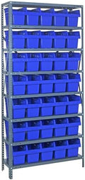 Quantum 1875-SB804BL Heavy Duty Shelving Unit with (8) Shelves and (35) SSB804 Blue Bins for Industrial Warehouse Storage Distribution | 400 lbs Capacity | 18"D x 36"L x 75"H, Galvanized Carbon Steel by QuantumStorageSystems