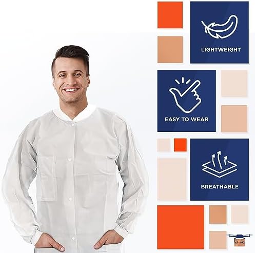 EZGOODZ Disposable Lab Coats for Adults, Medium White, 45 GSM Polypropylene, Unisex Lab Coat with Snap Front, Knit Cuffs and Collar, 3 Pockets, Pack of 10 - Image 4