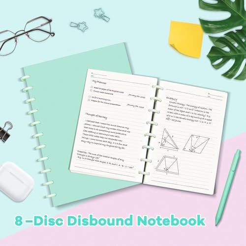 Discbound Notebook, 8-Disc Disbound Planner with Removable Pages, 180 Pages Spiral Notebook, Poly Cover Discbound Planner for Work, Travel, Note Taking(With Index Sticker),Green,A5 - Image 4