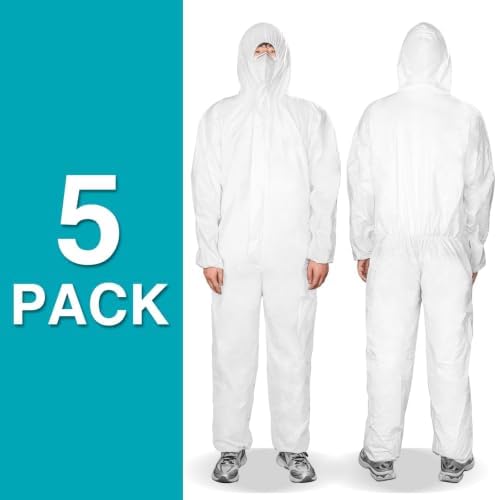 FURWEY Hazmat Suits 5 Pack Disposable Protective Coveralls, with Elastic Wrists, Ankles and Hood, Available in 5 sizes - Image 2