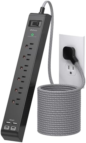 Flat Plug Extension Cord, Surge Protector Power Strip 15FT, 10-in-1 with 6 AC Outlets 4 USB Ports(2 USB-C), Extension Cord with Multiple Outlets, Wall Mountable, 1080J Surge Protection, Black by Mifaso