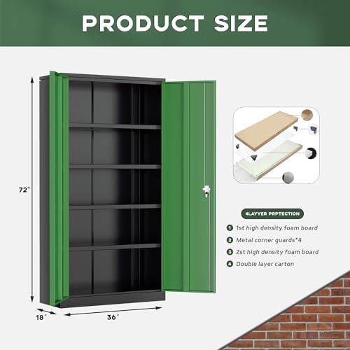 Greenvelly Metal Garage Storage Cabinet, 72" Black Green Tool Steel Locking Cabinet with Doors and 4 Shelves, Tall Cabinets for Garage Storage Systems Lockable File Cabinet for Home Office,Garage - Image 3