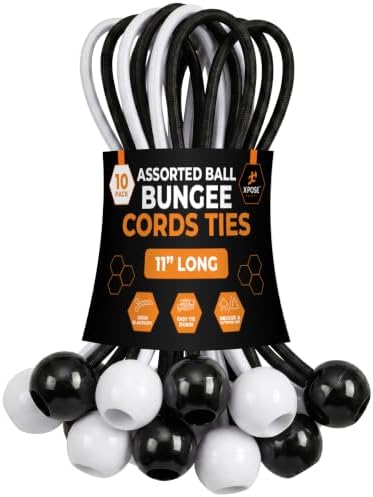 Xpose Safety Bungee Ball Cords 11" 10 Pack Heavy Duty Assorted Colors Black and White Stretch Rope with Ball Ties for Canopies, Tarps, Walls, Cable Organization by XposeSafety