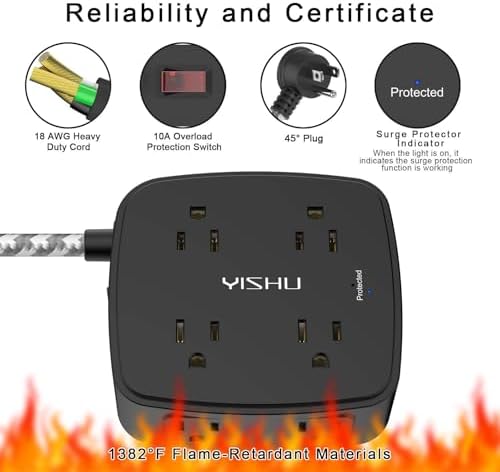 Surge Protector Power Strip - YISHU 8 Outlets with 4 USB (2 USB C) Charging Ports, 10Ft Braided Extension Cord, Flat Plug Multi Plug Outlet Extender Charging Station for Home Office, ETL, Black - Image 6