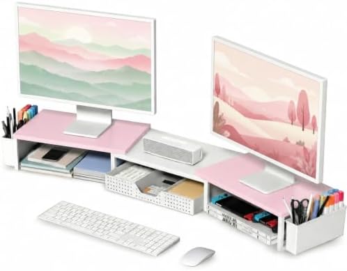 OPNICE Desk Organizers and Accessories, Dual Monitor Stand Riser with Drawer and 2 Pen Holders, Desk Shelf Computer Racks for Office Workspace Organizers, Desktop Organization (Pink-White) by OPNICE