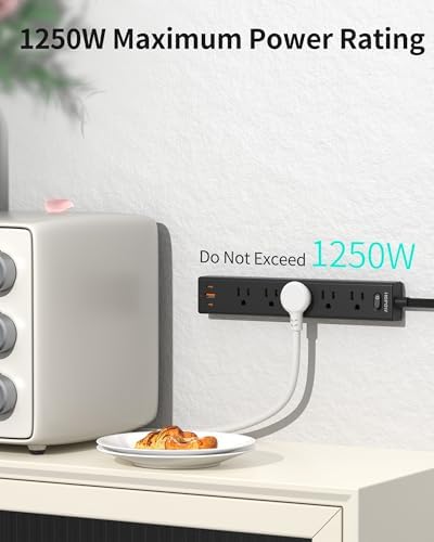 6FT Surge Protector Power Strip, 1700J, 5AC&1A2C, Flat Plug Extension Cord - Image 2