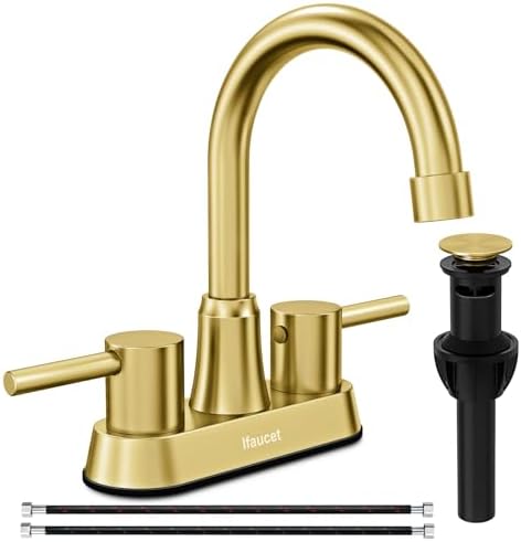 Gold Bathroom Faucet, Brushed Gold Bathroom Faucet, Gold Faucets for Bathroom Vanity, 4 Inch 2 Handle Centerset, Lead-Free, with Copper Pop Up Drain (Brushed Gold) by Ifaucet