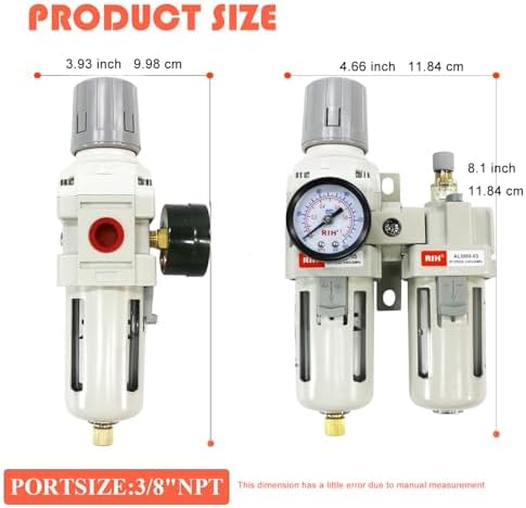RIH Pneumatics 3/8" NPT Compressed Air Filter Regulator Lubricator Combo Water/Oil Trap Separator - Gauge(0-150 psi), Semi-Auto Drain, Poly Bowl,Bracket - 3 in 1 Two Unit (3/8" NPT) - Image 3