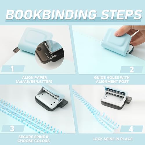Spiral Binding Machine-Mini 6 Hole Puncher, DIY Creative Book Binder Machine for Planner, A4-30 Holes, A5-20 Holes, B5 26 Holes with 16 PCS 6-Hole Loose Leaf - Blue - Image 3