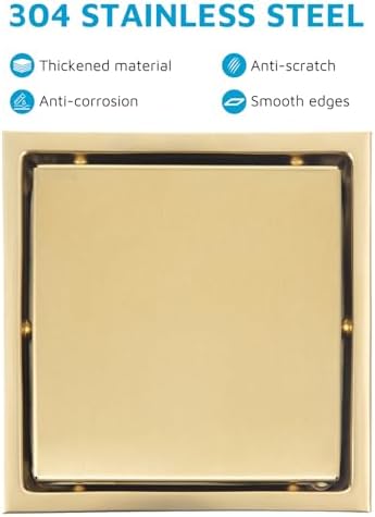 Square Shower Drain with Flange, 6 Inch, Brushed Gold, 2-in-1 Grate - Image 4