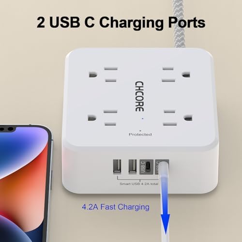 Surge Protector Power Strip - CHCORE 20Ft Braided Extension Cord with 8 Outlets with 4 USB (2 USB C) Charging Ports, Flat Plug Multi Plug Outlet Extender Charging Station for Home Office, ETL, White - Image 3
