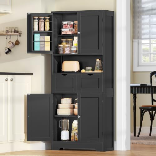 Kitchen Pantry Cabinet with 2 Drawers &4 Door Shelves, Tall Storage Cabinet - Image 2