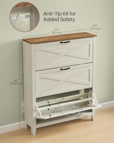 VASAGLE Farmhouse Shoe Cabinet, Narrow Storage Organizer, 3 Flip Drawers - Image 2