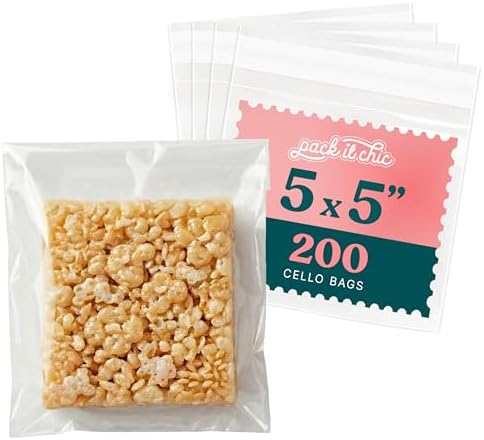5x5 Self Sealing Cellophane Bags (200 Pack) - Clear Cookie Bags With Seal by PackItChic