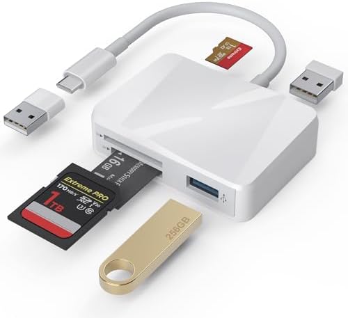 SD Card Reader, 5 in 1 USB-C & USB Card Adapter with SD/MicroSD/MS and Dual USB-A Ports Memory Card Reader for iPhone 17/16/15 Pro Max iPad MacBook Pro/Air M4/M3 Android Phone/Tablet PC (White) by Unknown