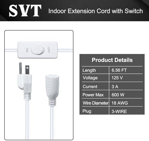 Long Extension Cord with Switch On/Off 3 Prong 18 AWG 6.56 FT Indoor Power Cord for Indoor Use - White - Image 3