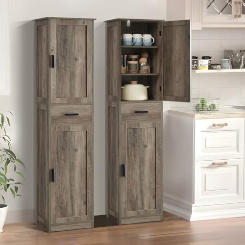 usikey 67'' Tall Storage Cabinet, Narrow Bathroom Floor Storage Cabinet with 4 Shelves & 2 Doors, for Bathroom, Living Room, Rustic Gray - Image 2