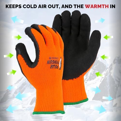 Majestic Polar Penguin Winter Lined Napped Terry Glove with Foam Latex Dipped Palm | 1 Dozen - MED | ANSI A2, Heavyweight Glove, Hiviz Orange/Black | for Automotive, Industrial, Manufacturing | 3396HO - Image 3