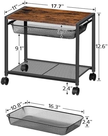 HOOBRO Under Desk Printer Stand, Industrial Printer Cart with Storage Shelf, 2-Tier Mobile Printer Table on Wheels, Heavy Duty Machine Storage Rack for Office and Home Rustic Brown + Black BF12PS01 - Image 5