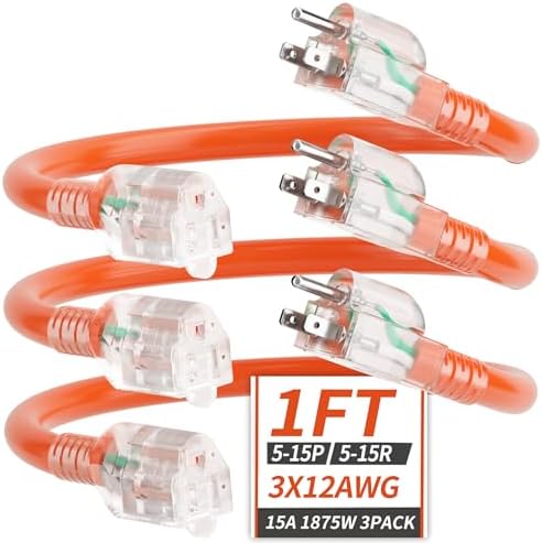 PlugSaf 1FT 3Pack 12 Gauge Extension Cord, Short Extension Cord, Orange by PlugSaf
