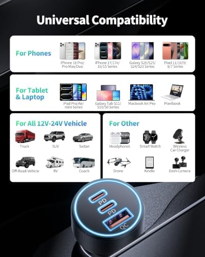 USB C Car Charger, 3Port 67W Dual USBC & USB-A Car Phone Fast Power Adapter - Image 6