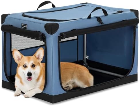 PETSFIT 30" Soft Portable Dog Crate – Patented Spiral Sturdy Frame, Collapsible Travel Kennel for Medium Dogs, 3 Mesh Door, Lockable Zippers, Indoor & Car Use Blue by Petsfit