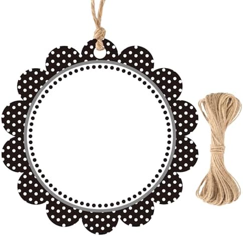 G2PLUS Gift Tags with String-50PCS Round Scalloped Paper Tags 2.5inches Large Blank Hanging Labels Craft Tag Black White Polka Dots Flower Edge Gift Wrap Hangtag for Wedding, Halloween Party Favors by G2PLUS