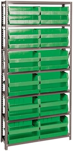 Quantum QSBU-245GN Heavy Duty Shelving Unit with (7) Shelves and (24) QUS245 Green Bins for Garage Warehouse Storage Distribution | 400 lb Load Capacity | 12"D x 36"L x 75"H, Galvanized Carbon Steel by QuantumStorageSystems