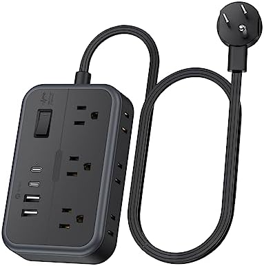 10 in 1Power Strip NTONPOWER Ultra Thin Flat Plug Extension Cord with 4 USB Ports(Include 2 USB C) Surge Protector Power Strip with Flat Cord 6 Widely Spaced Outlet(2 Side) 5 Ft Extension Cord-Black by NTONPOWER