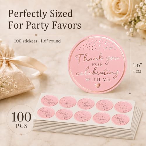 100PCS Thank You for Celebrating with Me Stickers, Rose Gold Pink Wedding Favor Labels for Bridal Shower, Baby Shower, Engagement Party, Gift Bags & Invitations 1.6 Inch (Pink Rose, with Me) - Image 2