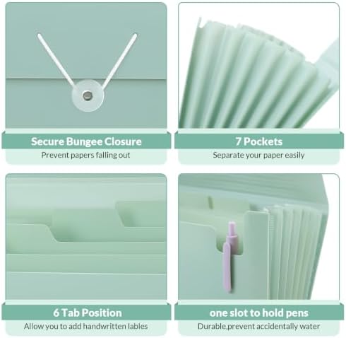 SKYDUE Accordion File Organizer, Expanding File Folder with 7 Pockets, Portable Receipt Paper Bill Document Organizer, Letter/A4 Size Filing Folder School Office Supplies, TurquoiseGreen - Image 3