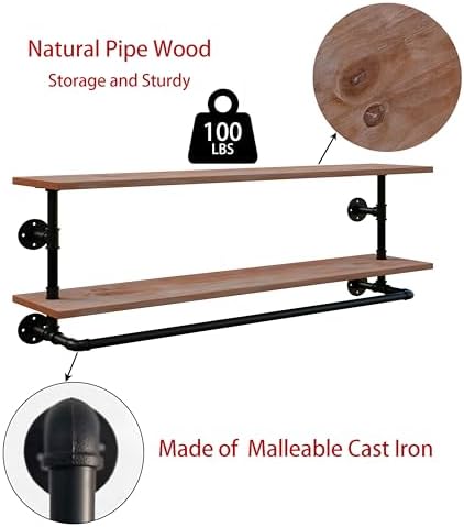 Clothes Rack 36/42/48in, Wall Mounted Garment Rack with Real Wood Shelf, Heavy Duty Hanging Clothes Rack, Multi-Purpose Hanging Rod, Space-Saving Closet Storage (1T36IN) (2T48IN) - Image 3