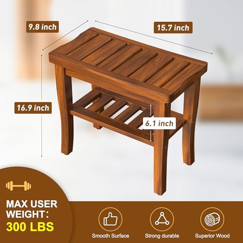 Teak Wood Shower Bench Stool with Storage Shelf, Wooden Waterproof Bathroom Spa Bathing Teak Shower Stool with Non-Slip Feet Gadget 2024 for Indoor or Outdoor Shower Chair Seat Organizer - Image 6