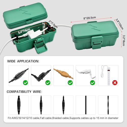 Hrensaw Small Weatherproof Electrical Connection Box(Inner 5.5 x 3 x 2.2inch),Outdoor Electrical Box,Waterproof Extension Cord Covers for Plug, Extension Cables, Holiday Lights,Green - Image 2