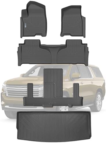 Floor Mats & Trunk Mat for Chevrolet Tahoe 2021-2024 2026-2nd Row Bucket Seat(7 Seats Version) &GMC Yukon（Not Fit XL,TPE All Weather Protection Car Floor Liners for Chevy Tahoe by SANBAN-AXE