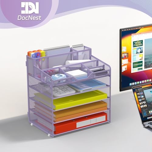 Docnest 5 Tier Mesh Desk Organizer with Letter Tray & Paper Sorter, Purple - Image 6