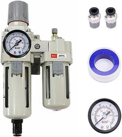 RIH Pneumatics Compressed Air Filter Regulator Lubricator Combo Water/Oil Trap Separator - Gauge(0-150 psi), Semi-Auto Drain, Poly Bowl,Bracket - 3 in 1 Two Unit (1/2“ NPT Auto Drain) by RIHRightPneumatic
