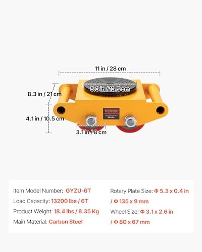 VEVOR Machinery Skate Dolly, 6-Ton/13,200 lb Capacity, PU Wheels, 360° Rotating Non-Slip Cap, Carbon Steel Mover for Warehouse, Workshop, Factory - Image 7