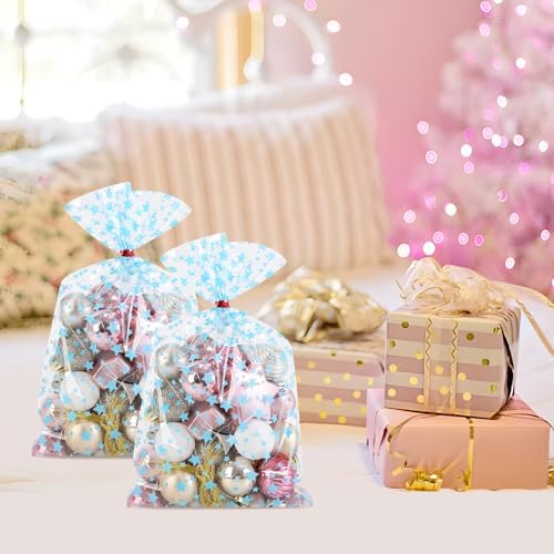 COQOFA 100 Pcs Blue Star 5"X11" Gift Wrap Cello Cellophane Treat Bags Clear Candy Cookie Plastic Poly Goodie Storage Bags with Twist Ties for Baby Shower, Gender Reveal, Birthday - Image 6