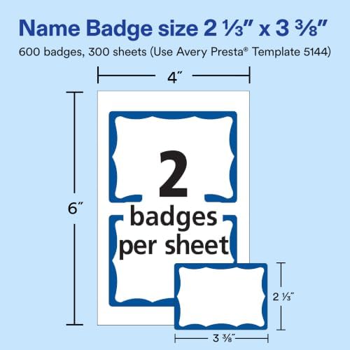 Avery Customizable Name Tags, 2-1/3" x 3-3/8", White with Blue Border, Removable Adhesive, 100 Name Badge Labels per Pack, Great for Meetings, Events, and More (6 Packs of 44144) - Image 3