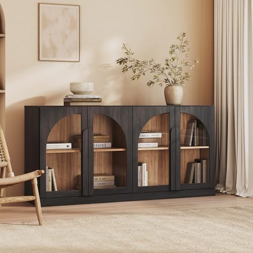 BELLEZE Bijou 64" Arched Glass Door Sideboard, Accent Buffet Cabinet with Storage and Adjustable Shelves, Classic Modern Large Console Table for Dining Room Living Room Entryway - Ebony by BELLEZE