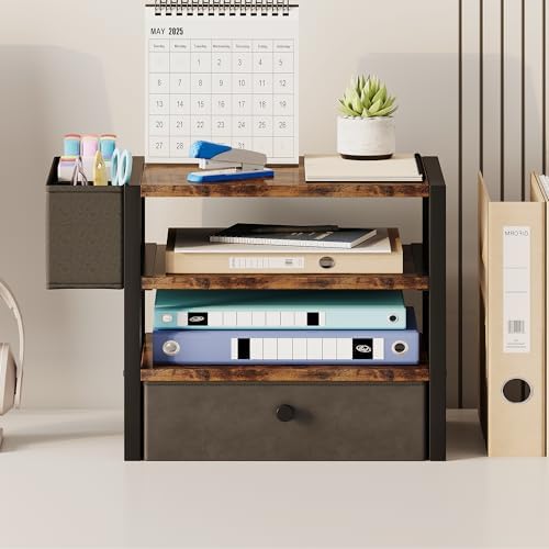 Desk Organizers and Accessories, 4-Tier Paper Letter Tray File Organizer with Fabric Drawer & 3 Pen Holder, Office Desk Accessories Workspace Desktop Organizer for Office Supplies, Rustic Brown - Image 4