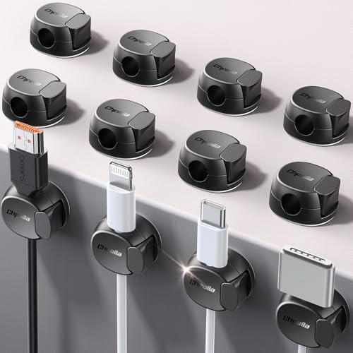 12Pack Cord Organizer [Dual Spring & Clasp, Max Secure] Cable Clips - Chfeila Cord Holder, Desk Cable Management, Adhesive Phone Charging Wire Holder for Nightstand/Car/Wall, Office Accessory - Black by Chfeila