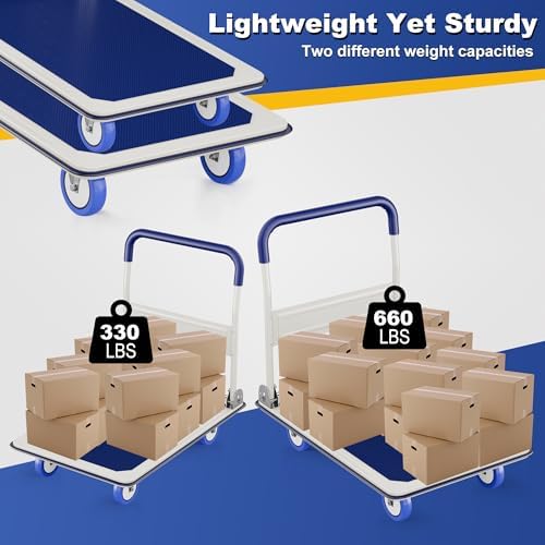 Foldable Push Cart Dolly | 330 lbs. Capacity | Heavy Duty Moving Platform Hand Truck with Swivel Wheels | Small Flatbed Cart | Space Saving Push Handle-White - Image 4