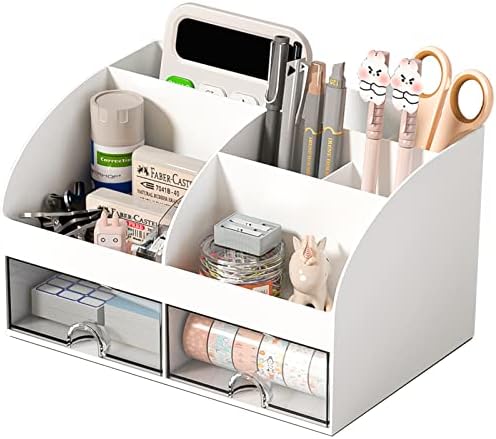 COMFYROOM Desk Organizer with 6 Compartments and 2 Drawers, Plastic Makeup Organizer, Pen Holder for Desktop Storage, Desk Organization for School, Home, Office Supplies (White) by COMFYROOM