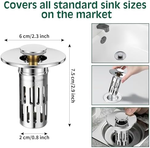Vodolo 3 in 1 Sink Drain Strainer with Hair Catcher,8PCS Stainless Steel Popup Sink Stopper with Basket for Bathroom Kitchen Shower,Pop-up Bounce Core Floor Basin Drain Filter,Replacement Sink Plug - Image 2
