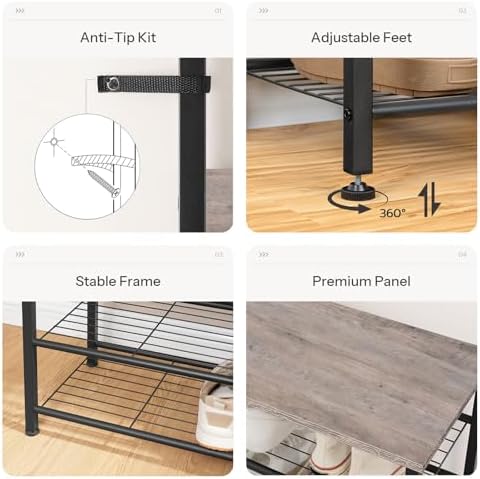 HOOBRO Hall Tree, Coat Rack with Shoe Rack, 39.4" Hall Tree with Bench, 5 Tier Shoe Storage Organizer with 9 Hooks for Entryway, Closet, Sturdy, Industrial, Greige and Black BG801MT01 - Image 6